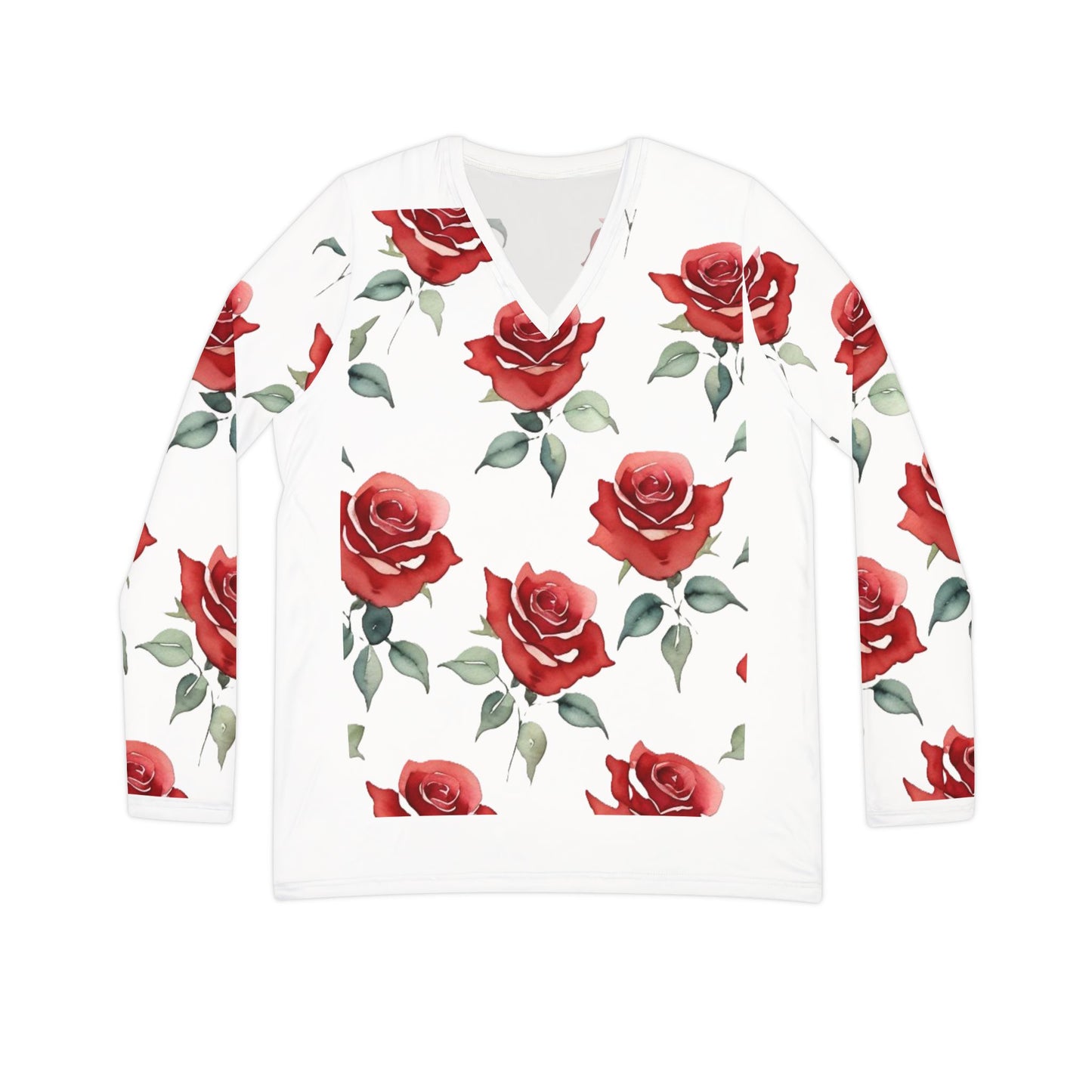 Rose Pattern Long Sleeve V-neck Shirt