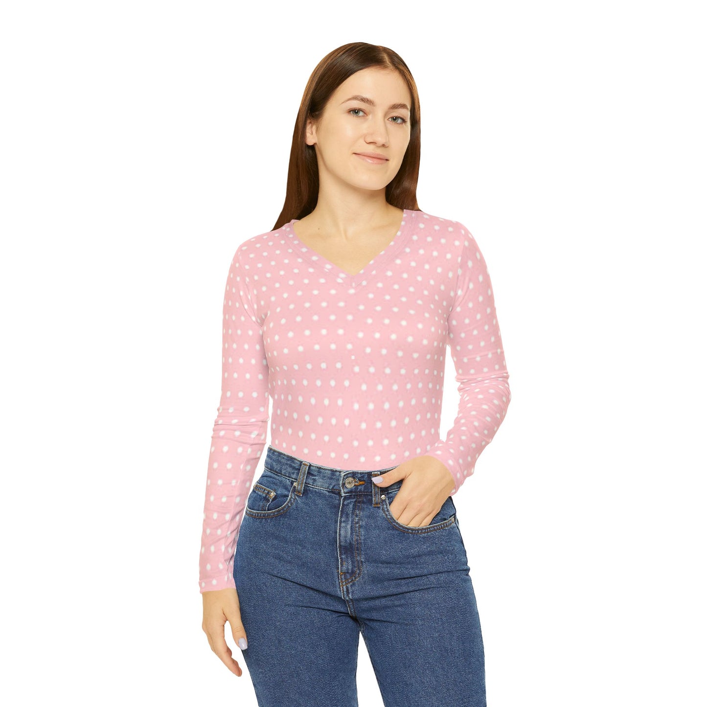 Women's Pink Long Sleeve V-neck Shirt