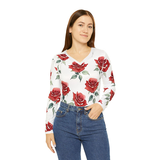 Rose Pattern Long Sleeve V-neck Shirt