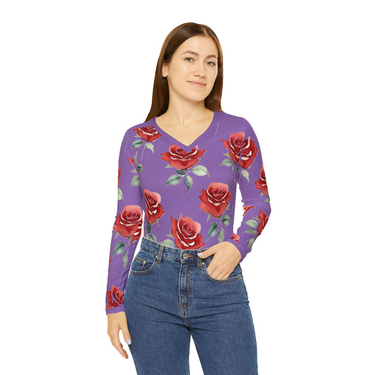 Rose Pattern Long Sleeve V-neck Shirt