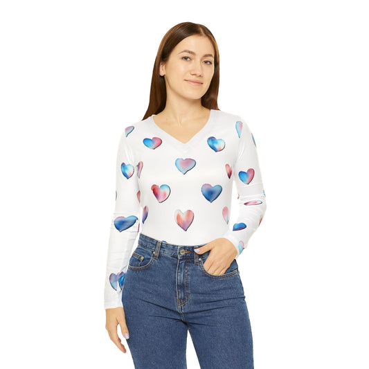 Heart Pattern Long Sleeve V-neck Shirt