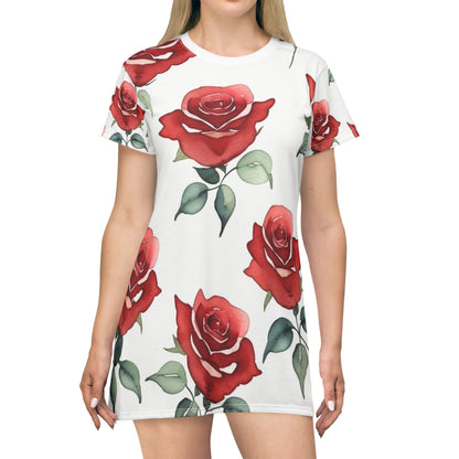 T-Shirt Dress - Roses - Nightgown (White)