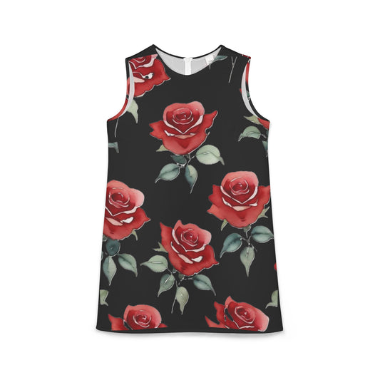 A-line Sleeveless Dress - Roses - (Black)