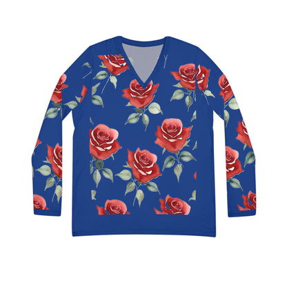 Rose Pattern Long Sleeve V-neck Shirt