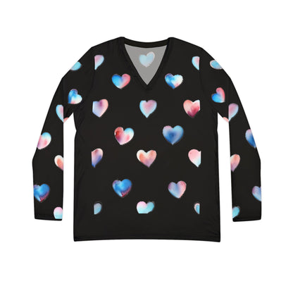 Heart Pattern Long Sleeve V-neck Shirt