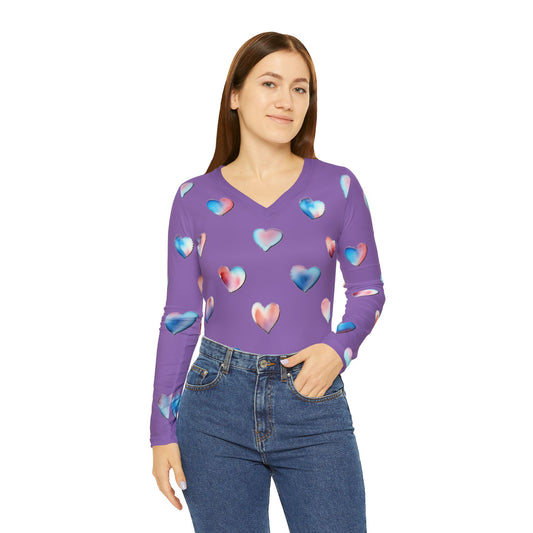 Heart Pattern Long Sleeve V-neck Shirt