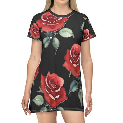 T-Shirt Dress - Roses - Nightgown (Black)