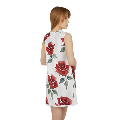 A-line Sleeveless Dress - Roses - (White)