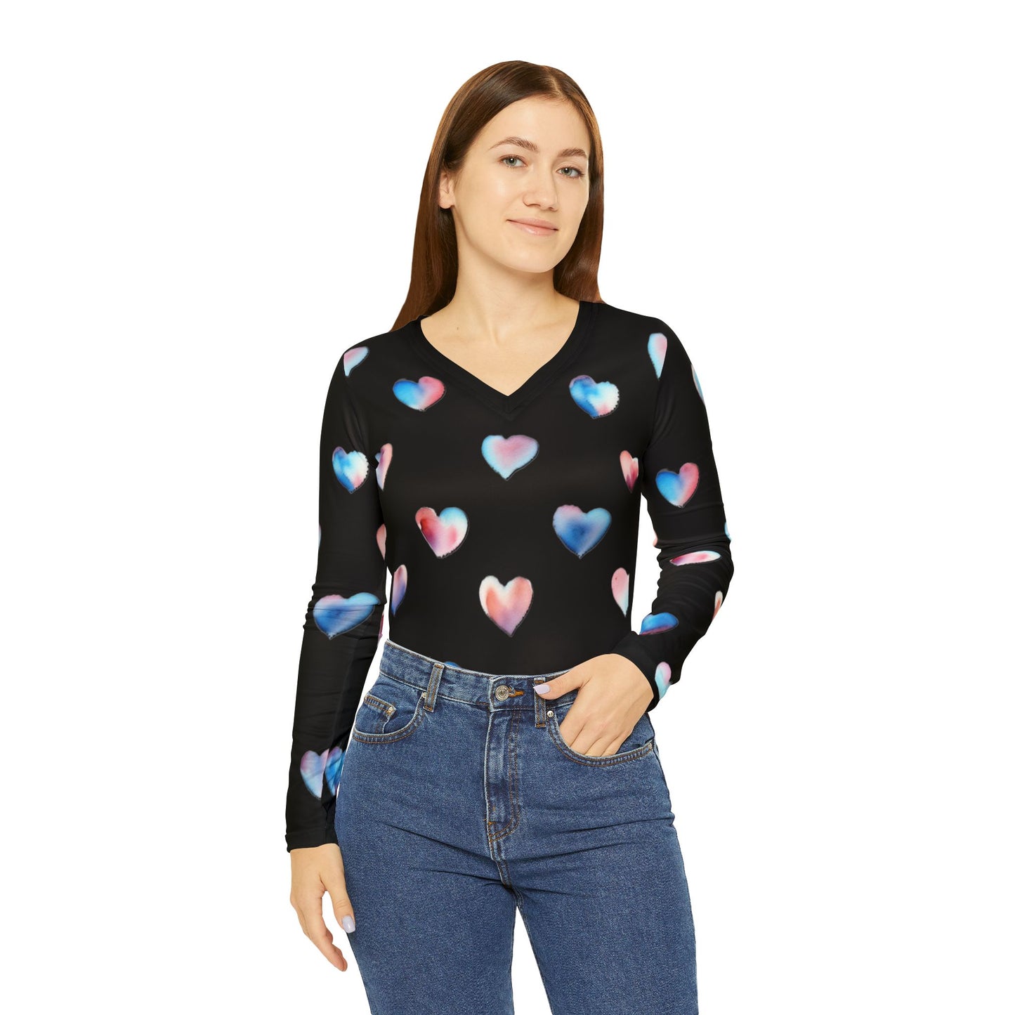 Heart Pattern Long Sleeve V-neck Shirt