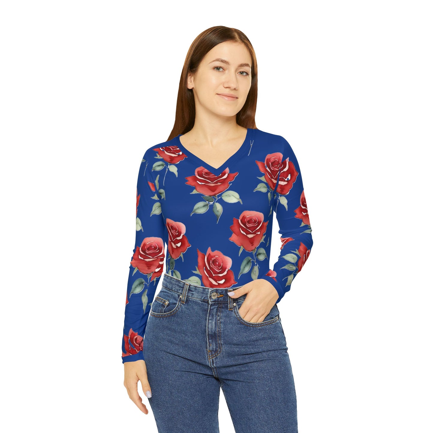 Rose Pattern Long Sleeve V-neck Shirt