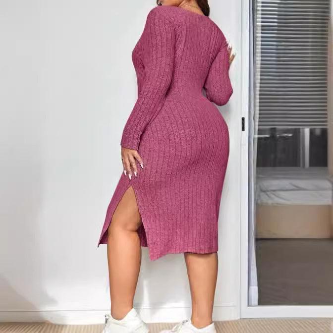 Solid Color High Slit Long Sleeve Dress