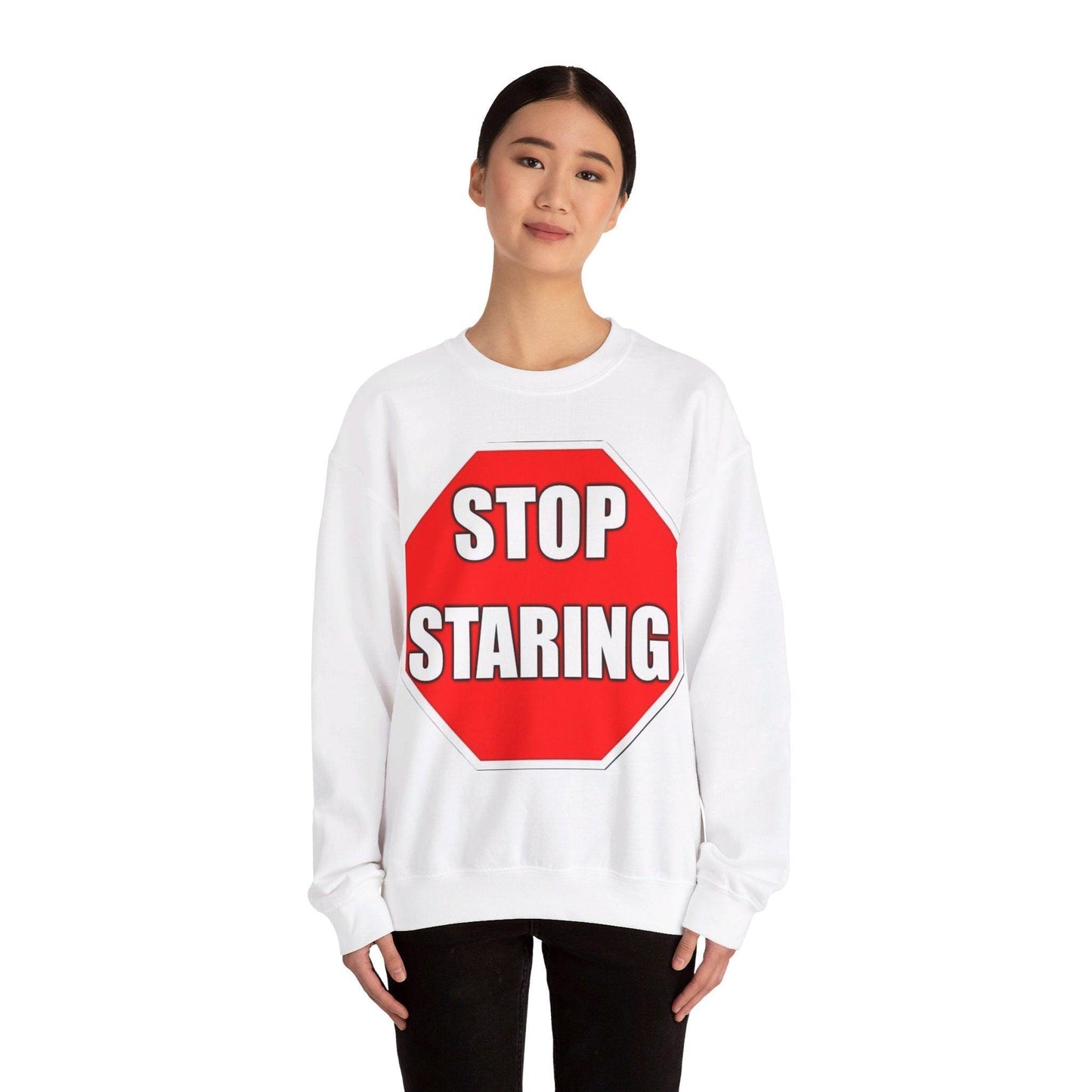 Stop Staring (White) - Unisex Heavy Blend™ Crewneck Sweatshirt