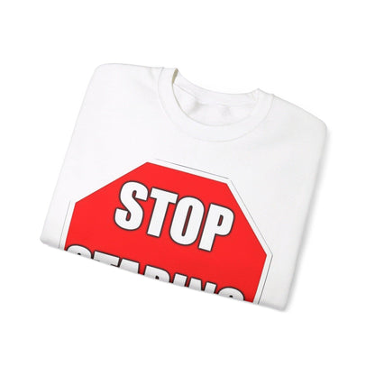 Stop Staring (White) - Unisex Heavy Blend™ Crewneck Sweatshirt