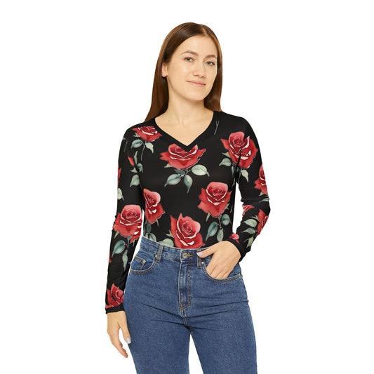 Rose Pattern Long Sleeve V-neck Shirt