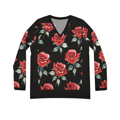 Rose Pattern Long Sleeve V-neck Shirt