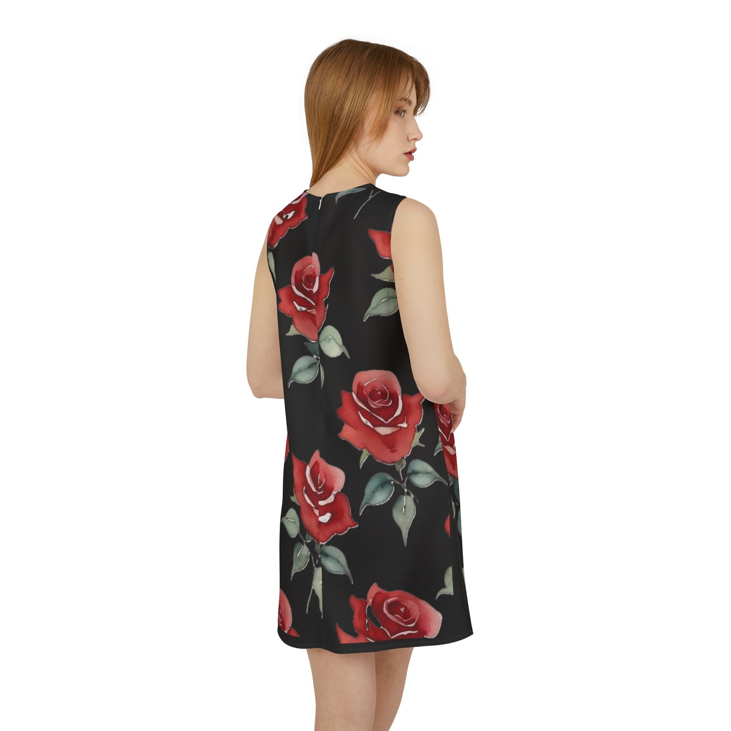 A-line Sleeveless Dress - Roses - (Black)