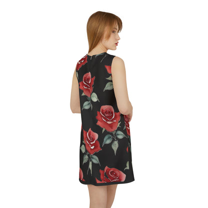 A-line Sleeveless Dress - Roses - (Black)