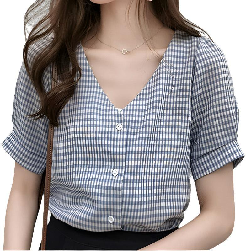 V-neck Plaid Shirt Blouse